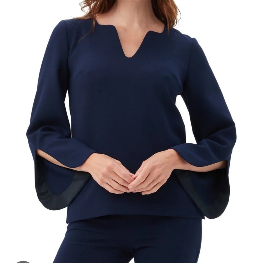 Trina Turk Navy Blue Bell Sleeve Split Neck Blouse Top Size 6 NWT MSRP $278